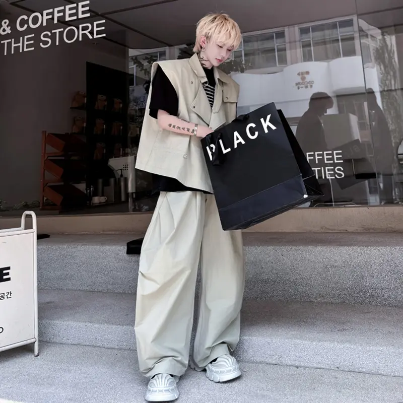 IEFB Turn-down Collar Men's Sets Turn-down Collar Drawstring Tank Tops Solid Color Menswear Straight Wide Leg Male Pants 9W2312