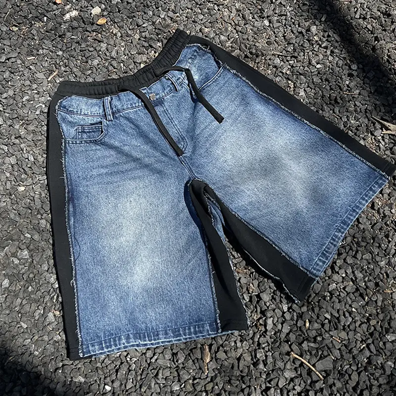 IEFB Patchwork Men's Jorts Elastic Waist Stitched Design Lace-up Male Denim Shorts Summer New Fashion Men Bottoms CPG2972