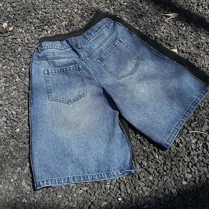 IEFB Patchwork Men's Jorts Elastic Waist Stitched Design Lace-up Male Denim Shorts Summer New Fashion Men Bottoms CPG2972