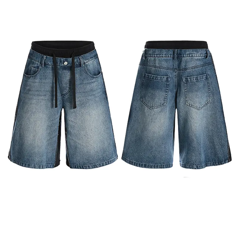 IEFB Patchwork Men's Jorts Elastic Waist Stitched Design Lace-up Male Denim Shorts Summer New Fashion Men Bottoms CPG2972