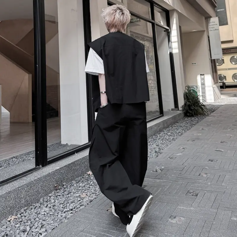 IEFB Turn-down Collar Men's Sets Turn-down Collar Drawstring Tank Tops Solid Color Menswear Straight Wide Leg Male Pants 9W2312