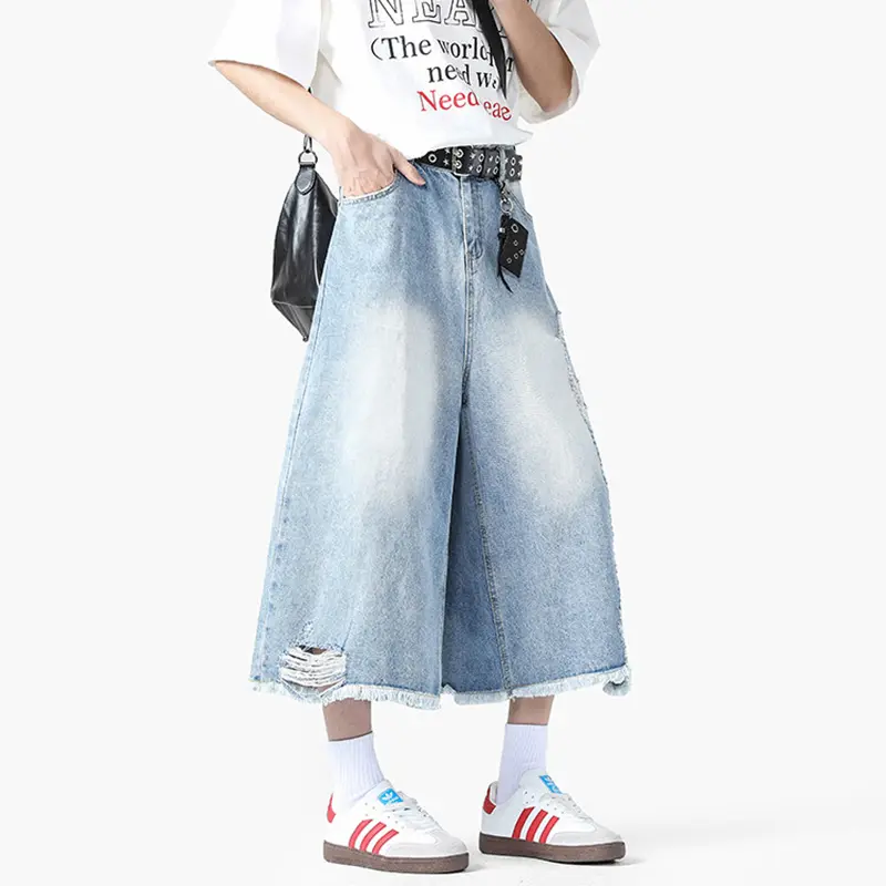 IEFB Summer New Fashion Men's Jorts Hole Worn-out Design Rough Selvedge Denim Pants Over Knee Length Male Bottoms 9W3160