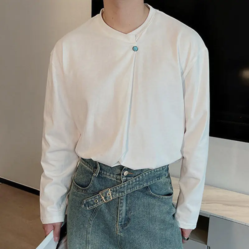 IEFB Simple Men's Tees Round Neck Turquoise Button Long Sleeved Casual Tops Loose Solid Color Loose Male T-shirts Korean 9W2398