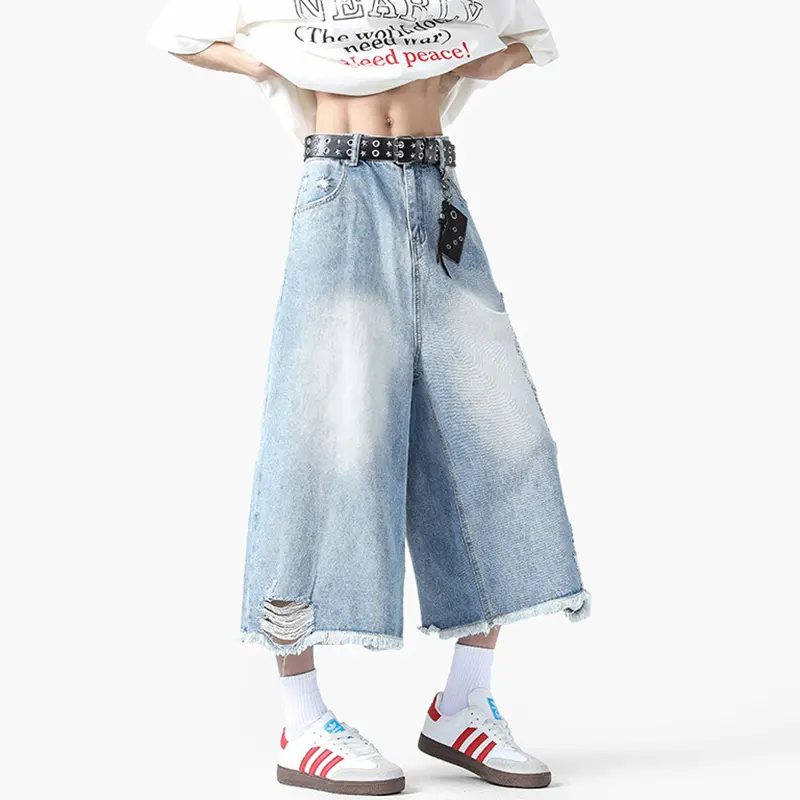 IEFB Summer New Fashion Men's Jorts Hole Worn-out Design Rough Selvedge Denim Pants Over Knee Length Male Bottoms 9W3160