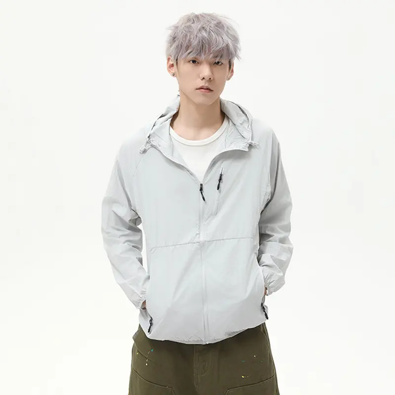 IEFB Simple Men's Jackets Hooded Drawstring Solid Color Zipper Sun-protective Clothing Casual Thin Pocket Loose Male Coat 9W2793