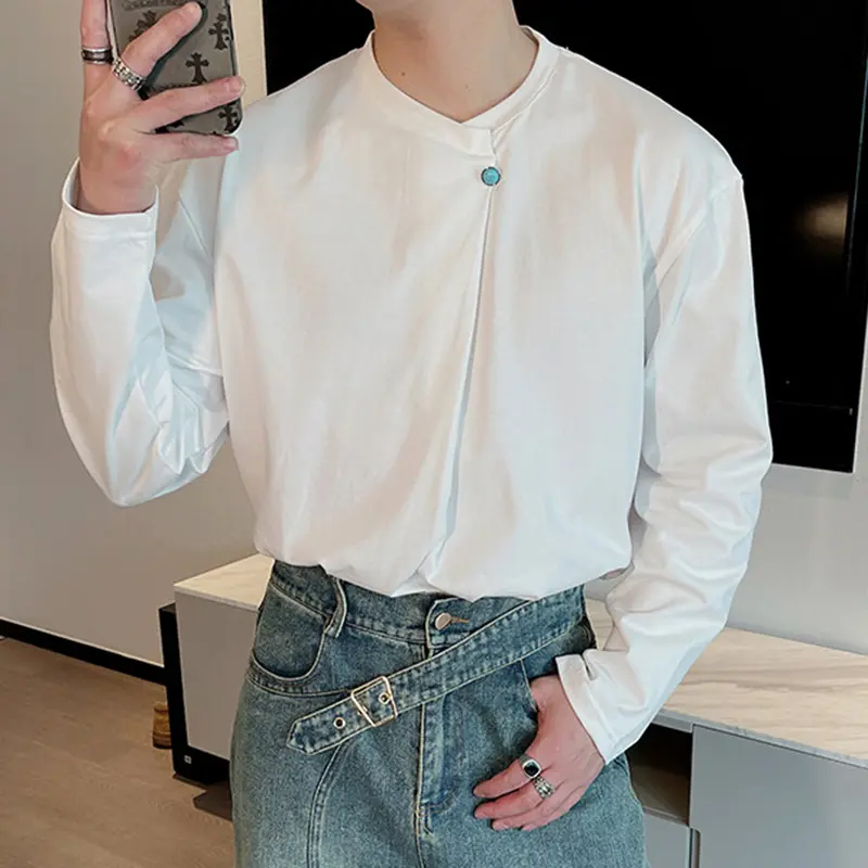 IEFB Simple Men's Tees Round Neck Turquoise Button Long Sleeved Casual Tops Loose Solid Color Loose Male T-shirts Korean 9W2398