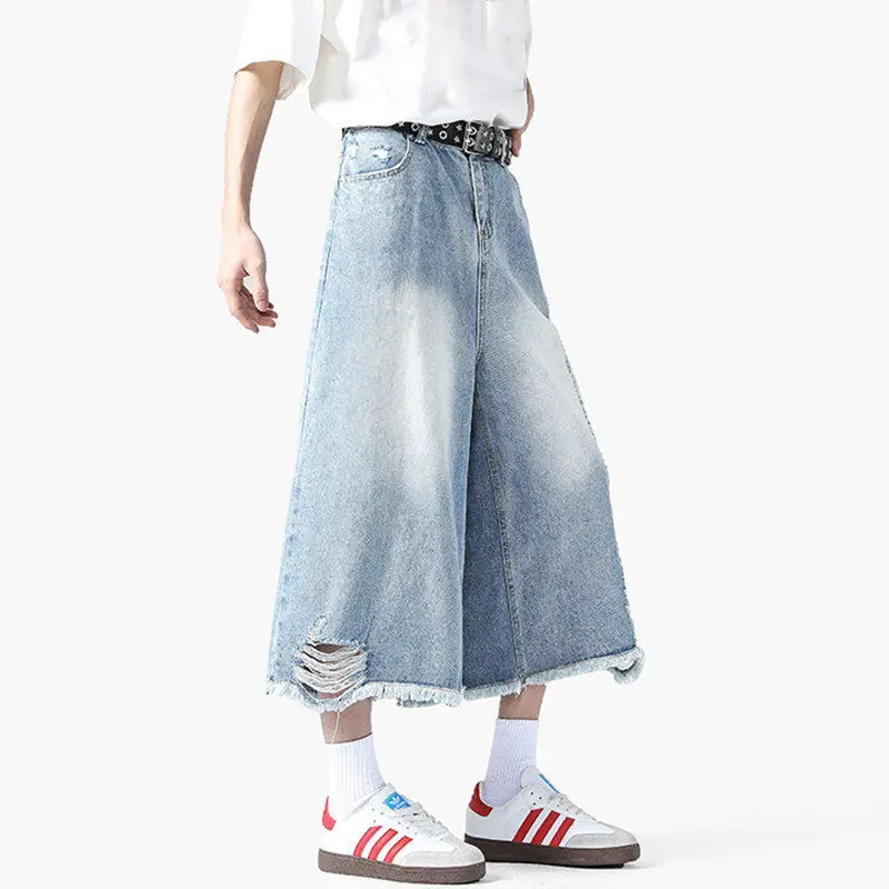 IEFB Summer New Fashion Men's Jorts Hole Worn-out Design Rough Selvedge Denim Pants Over Knee Length Male Bottoms 9W3160