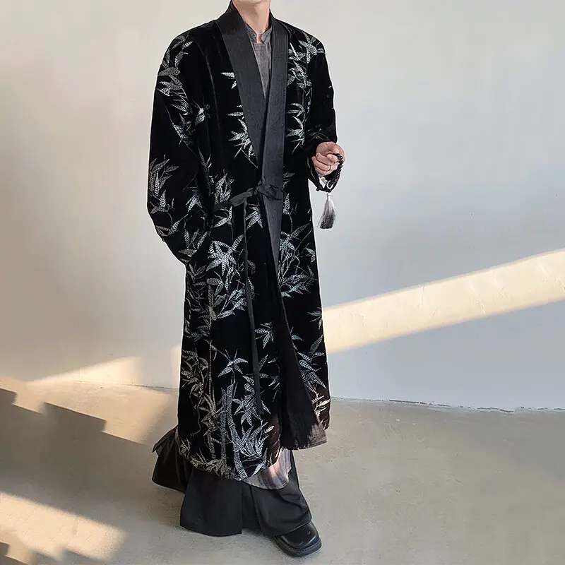 IEFB Men's Trench Coat Spring Embroidered Silver Bamboo Decoration New Chinese Style Stand Collar Handsome Male Clothing 9W1706