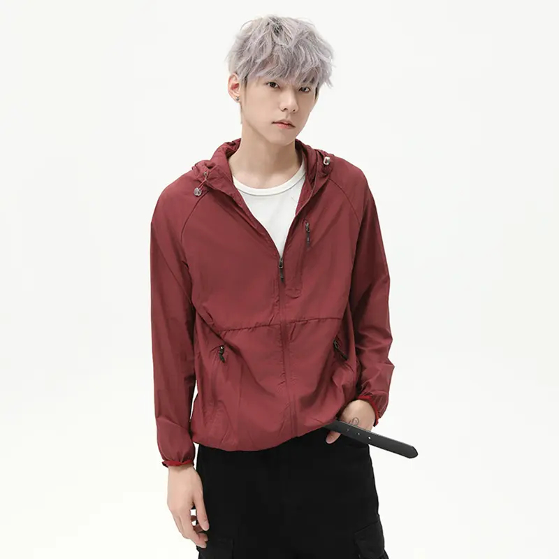 IEFB Simple Men's Jackets Hooded Drawstring Solid Color Zipper Sun-protective Clothing Casual Thin Pocket Loose Male Coat 9W2793