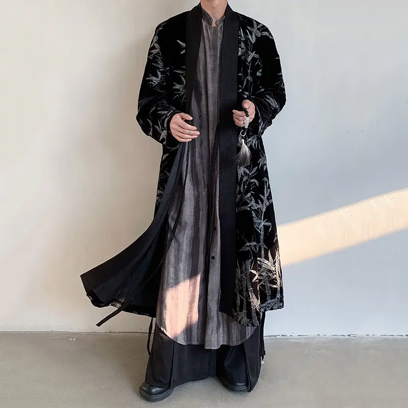 IEFB Men's Trench Coat Spring Embroidered Silver Bamboo Decoration New Chinese Style Stand Collar Handsome Male Clothing 9W1706