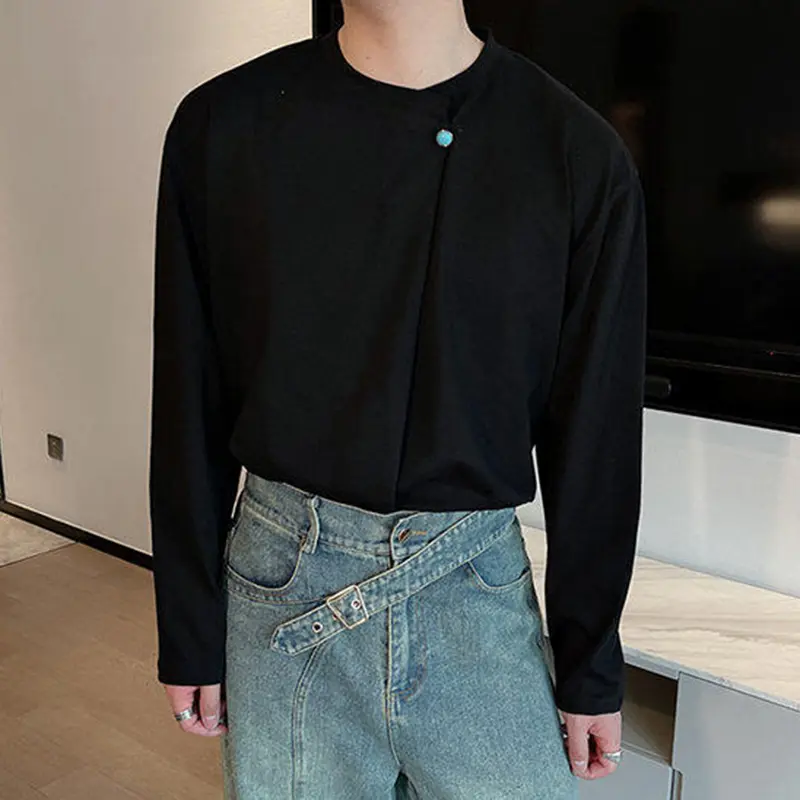IEFB Simple Men's Tees Round Neck Turquoise Button Long Sleeved Casual Tops Loose Solid Color Loose Male T-shirts Korean 9W2398
