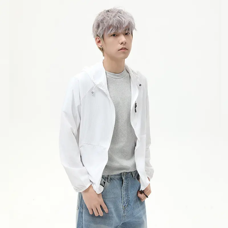 IEFB Simple Men's Jackets Hooded Drawstring Solid Color Zipper Sun-protective Clothing Casual Thin Pocket Loose Male Coat 9W2793