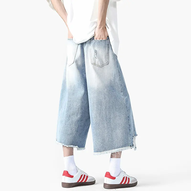IEFB Summer New Fashion Men's Jorts Hole Worn-out Design Rough Selvedge Denim Pants Over Knee Length Male Bottoms 9W3160