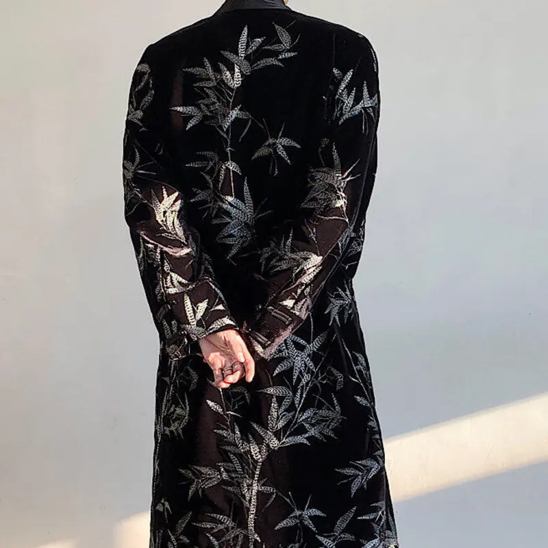 IEFB Men's Trench Coat Spring Embroidered Silver Bamboo Decoration New Chinese Style Stand Collar Handsome Male Clothing 9W1706