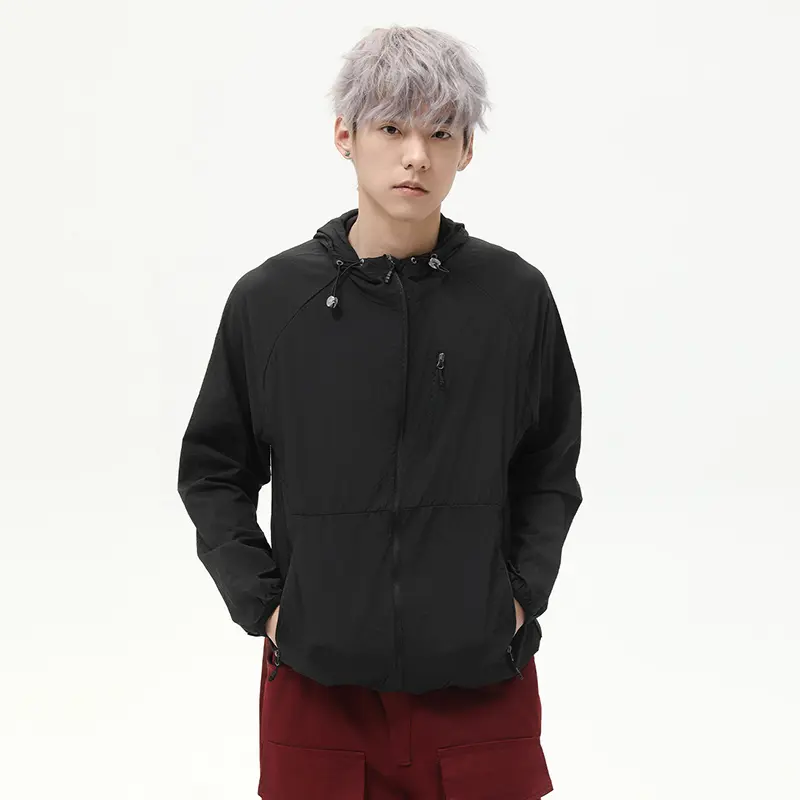 IEFB Simple Men's Jackets Hooded Drawstring Solid Color Zipper Sun-protective Clothing Casual Thin Pocket Loose Male Coat 9W2793