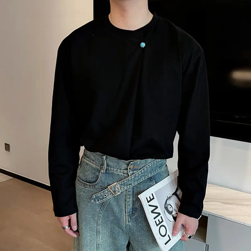 IEFB Simple Men's Tees Round Neck Turquoise Button Long Sleeved Casual Tops Loose Solid Color Loose Male T-shirts Korean 9W2398
