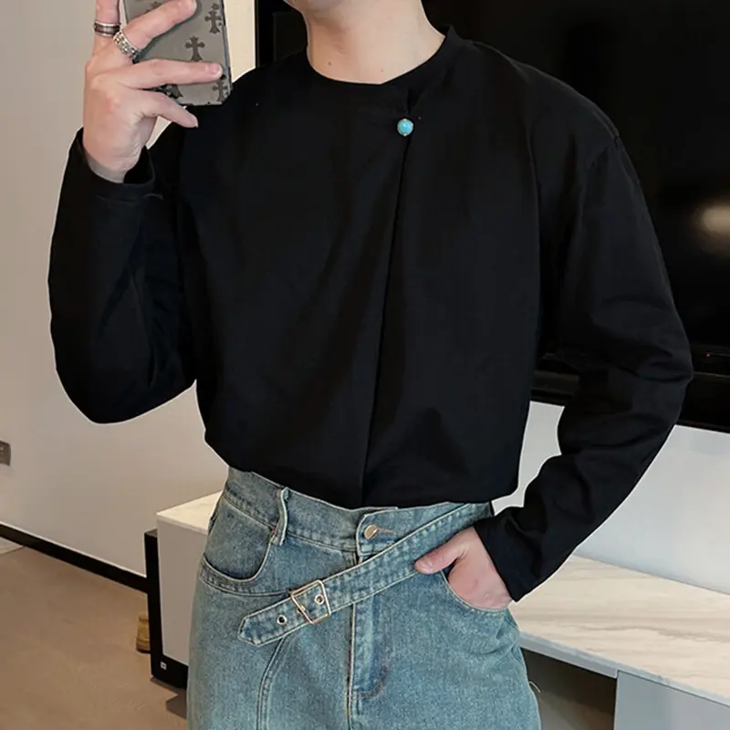 IEFB Simple Men's Tees Round Neck Turquoise Button Long Sleeved Casual Tops Loose Solid Color Loose Male T-shirts Korean 9W2398