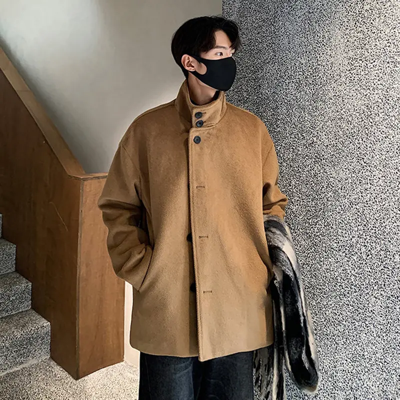 IEFB Korean Style Men's Woolen Jackets Stand Collar Single Breasted Solid Color Thickened Casual Male Coat Winter Fashion 9C8180