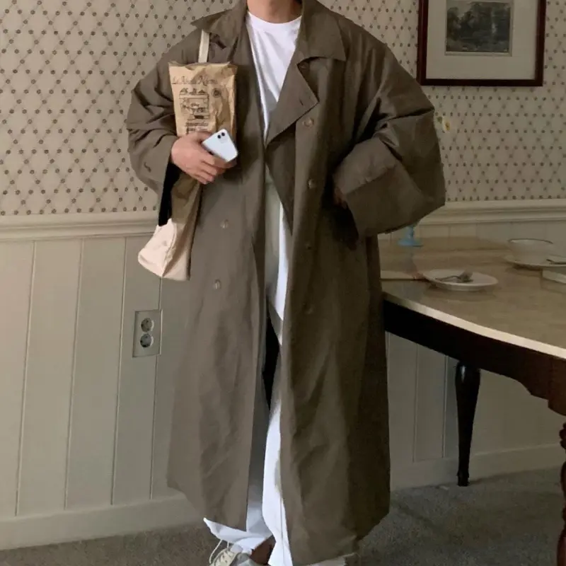 IEFB Men's Windbreaker Lapel Solid Color Casual Korean Style Oveknee Overcoats Double Breasted Loose Male Trench Simple 9W2482