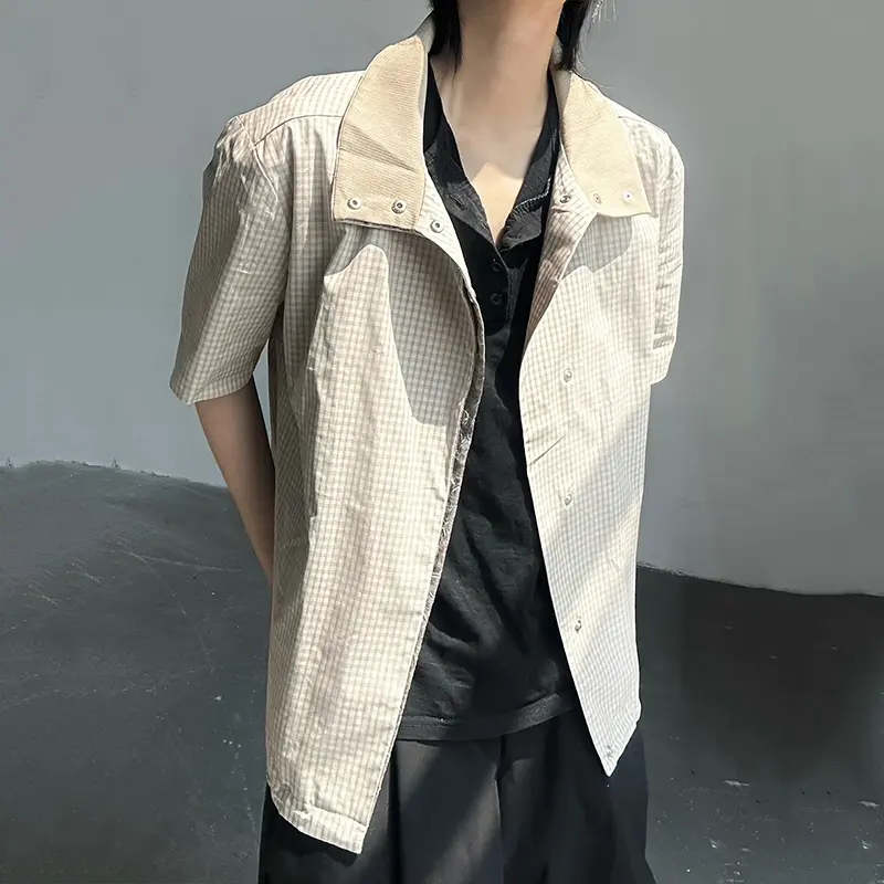 IEFB Plaid Design Men's Coats Contrast Color Casual Single Breasted Short Sleeved Tops Vintage Male Jackets Summer Chic 9W2948