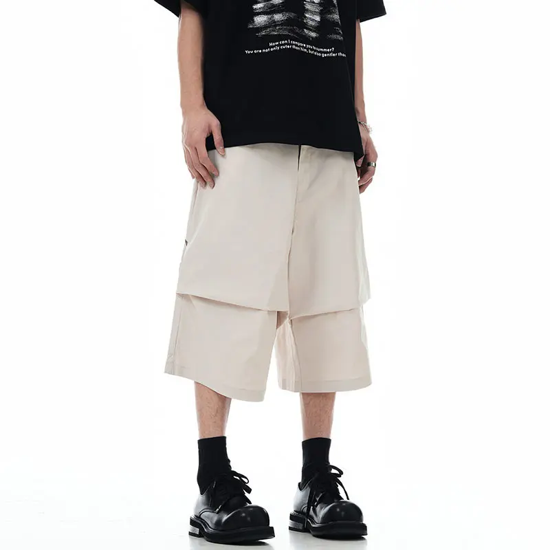 IEFB Men's Cargo Shorts New American Silhouette Curved Knife Design Solid Color Trendy Pleated Stylish Male Simple Pants 9W1712