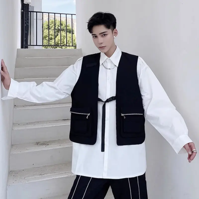 IEFB Male Coat Solid Color Mulit-zippers Vest Collarless Personalized Sleeveless Casual Fashionable Men's Tank Tops 2025 9W1243