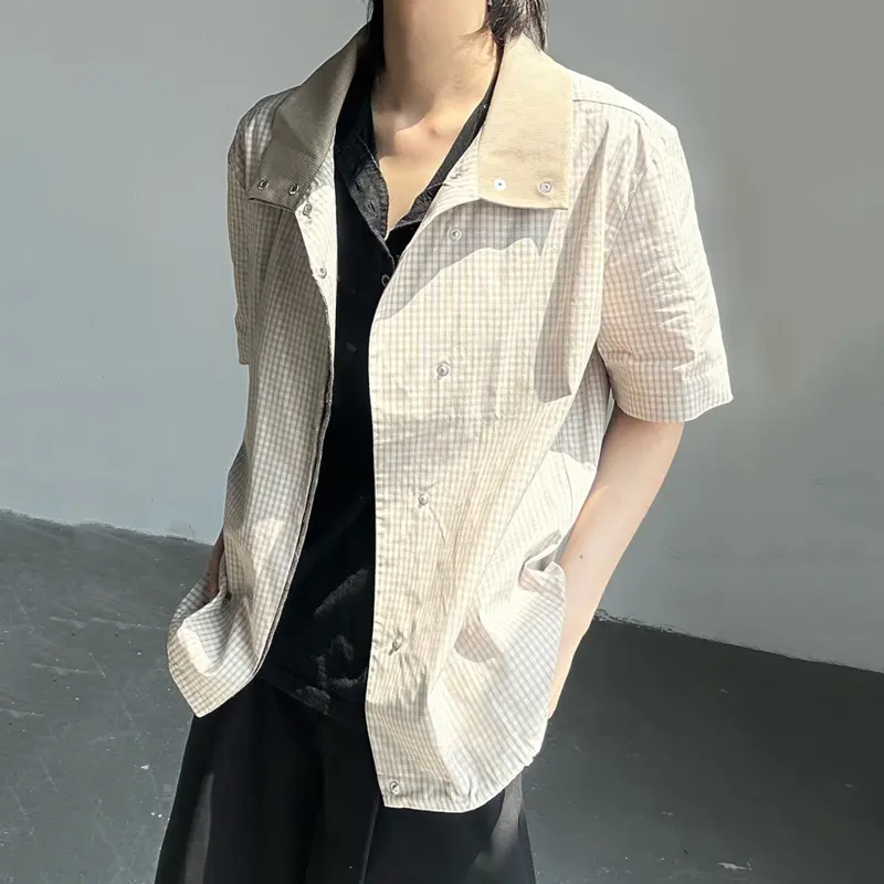 IEFB Plaid Design Men's Coats Contrast Color Casual Single Breasted Short Sleeved Tops Vintage Male Jackets Summer Chic 9W2948