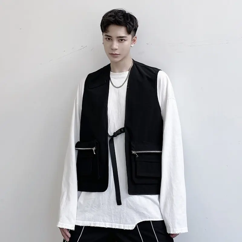 IEFB Male Coat Solid Color Mulit-zippers Vest Collarless Personalized Sleeveless Casual Fashionable Men's Tank Tops 2025 9W1243