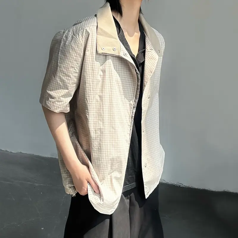 IEFB Plaid Design Men's Coats Contrast Color Casual Single Breasted Short Sleeved Tops Vintage Male Jackets Summer Chic 9W2948