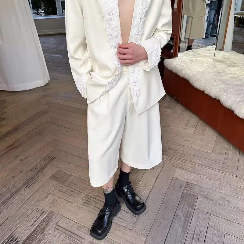 IEFB Korean Style Two-piece Men Set Lace Decorative Buttonless Suit Jacket Wide Leg Solid Color Knee Length Shorts Summer 9W2693
