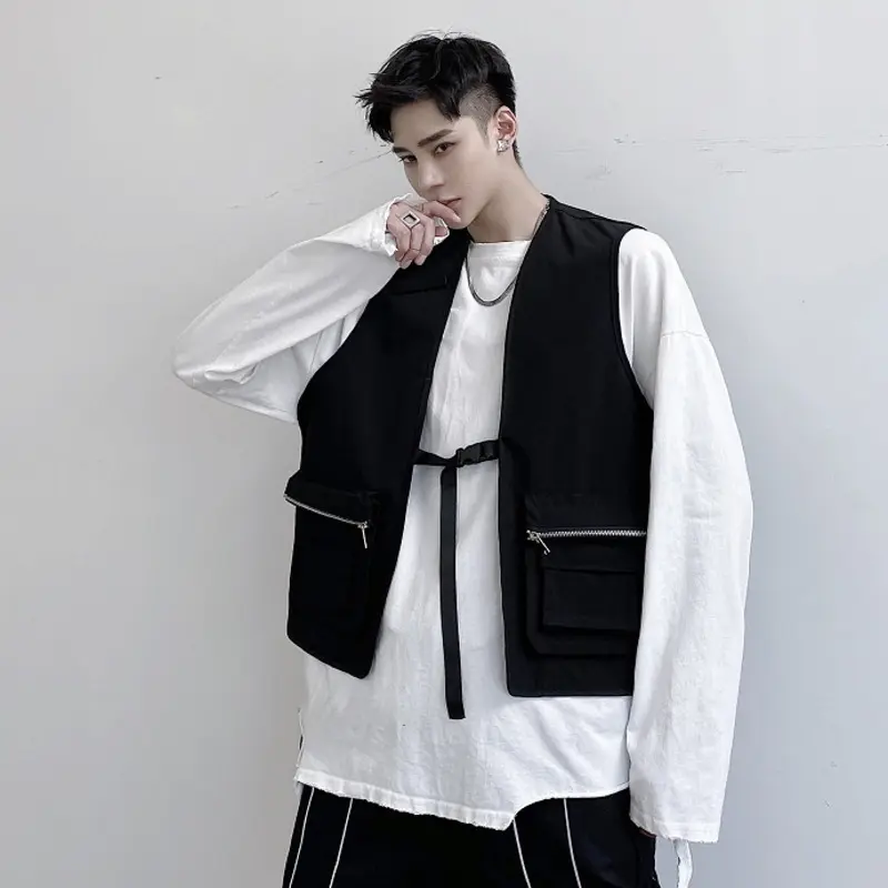 IEFB Male Coat Solid Color Mulit-zippers Vest Collarless Personalized Sleeveless Casual Fashionable Men's Tank Tops 2025 9W1243