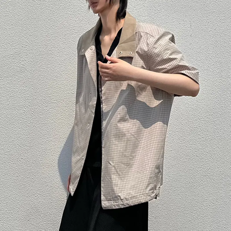 IEFB Plaid Design Men's Coats Contrast Color Casual Single Breasted Short Sleeved Tops Vintage Male Jackets Summer Chic 9W2948