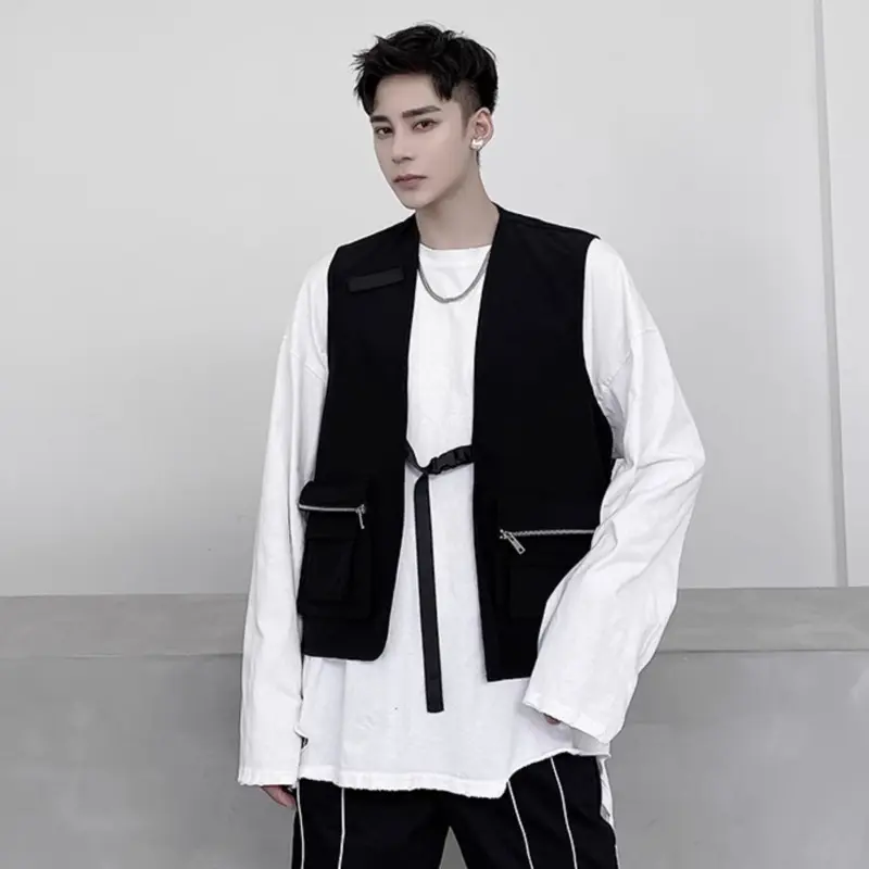 IEFB Male Coat Solid Color Mulit-zippers Vest Collarless Personalized Sleeveless Casual Fashionable Men's Tank Tops 2025 9W1243