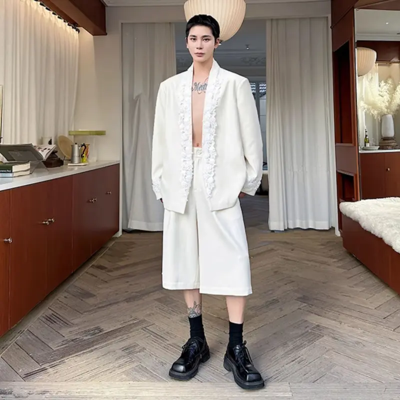 IEFB Korean Style Two-piece Men Set Lace Decorative Buttonless Suit Jacket Wide Leg Solid Color Knee Length Shorts Summer 9W2693