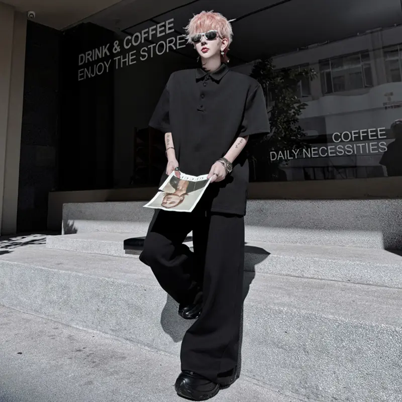 IEFB Simple Men's Two-piece Turn-down Collar Button Design Short Sleeve Loose Tees Solid Color Wide Leg Male Pants New 9W2307