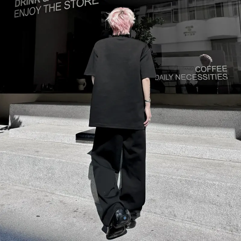IEFB Simple Men's Two-piece Turn-down Collar Button Design Short Sleeve Loose Tees Solid Color Wide Leg Male Pants New 9W2307