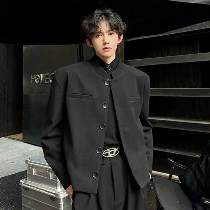IEFB New Stylish Men's Suit Jackets Stand Collar Single Breasted Shoulder Padded Slim Casual Thickened Male Short Blazers 9W223