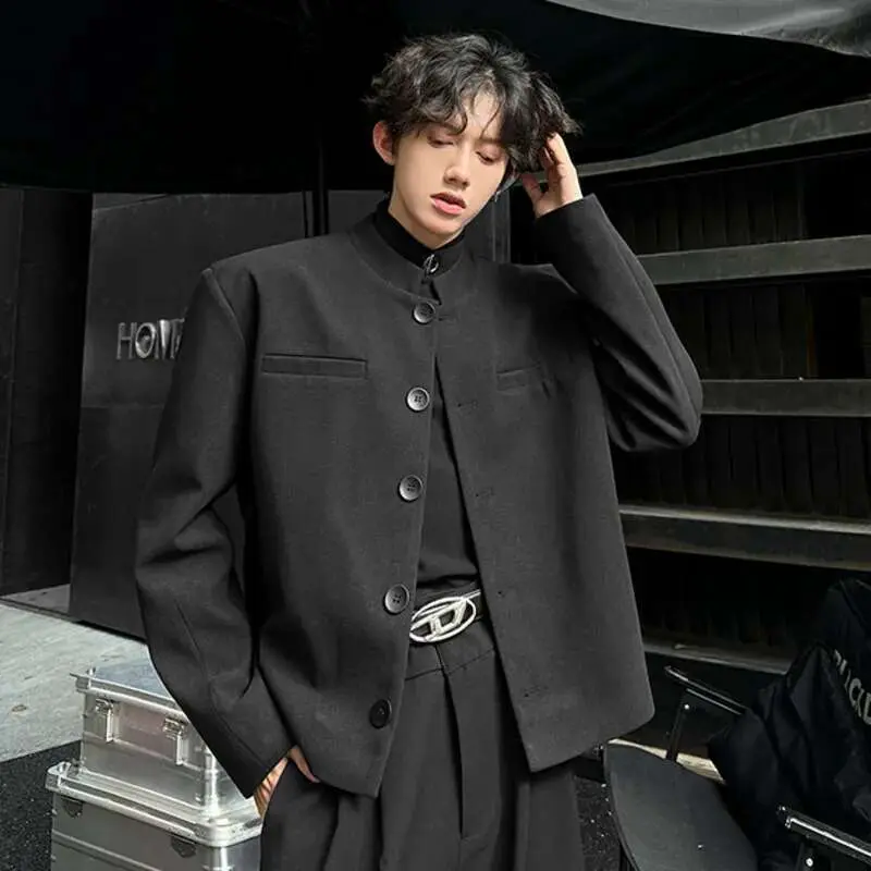 IEFB New Stylish Men's Suit Jackets Stand Collar Single Breasted Shoulder Padded Slim Casual Thickened Male Short Blazers 9W223