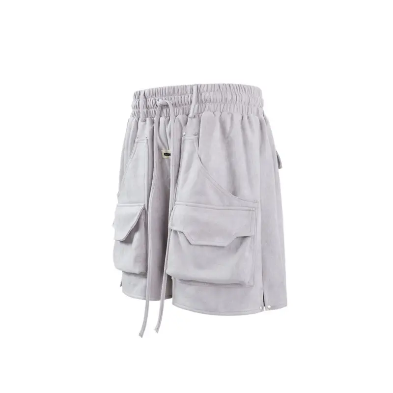 IEFB Multi Pockets Cargo Shorts Men's Solid Color Drawstring Wide Leg Loose Elastic Waist Suede Straight Male Bottom New 9W2637
