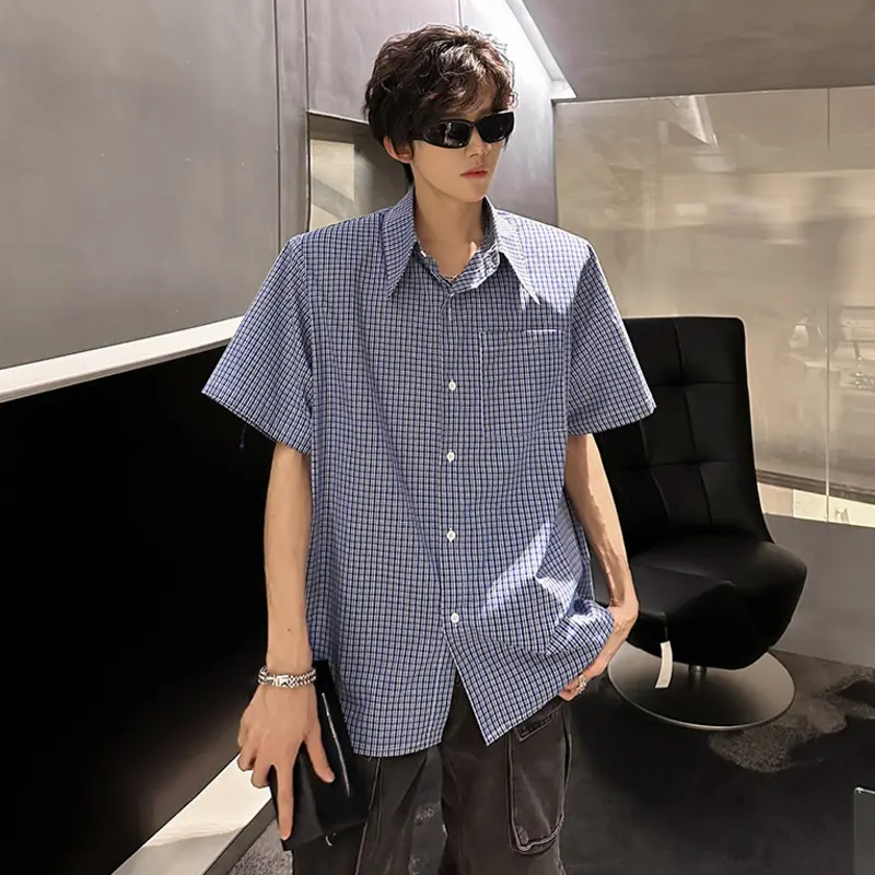 IEFB Niche Design Men's Shirts Lapel Short Sleeved Shoulder Pads Detachable Plaid Single Breasted Loose Male Clothing 9W3848