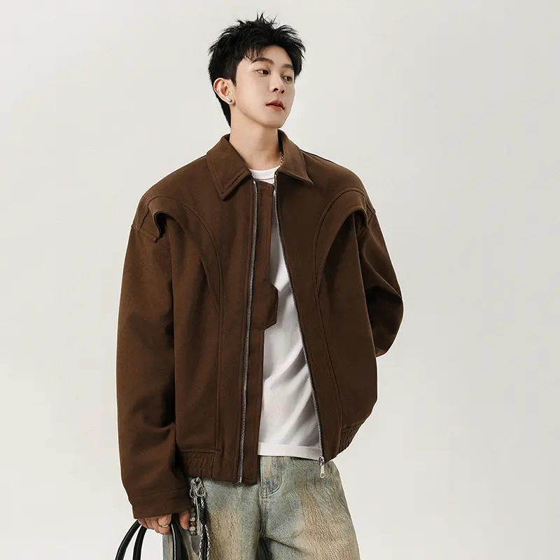 IEFB Korean Style Men's Jackets Solid Color Lapel Wollen Deconstruction Casual Tops Zipper Loose Male Coats Autumn Tide 9W4109
