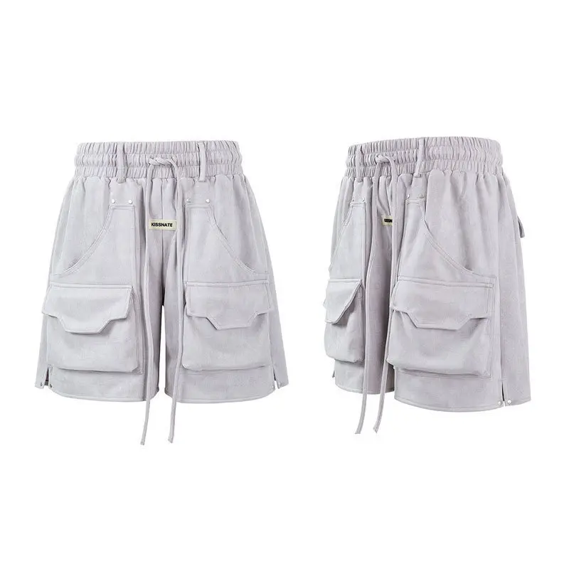 IEFB Multi Pockets Cargo Shorts Men's Solid Color Drawstring Wide Leg Loose Elastic Waist Suede Straight Male Bottom New 9W2637