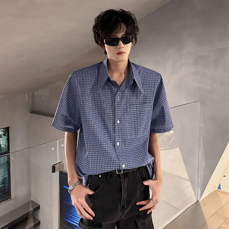 IEFB Niche Design Men's Shirts Lapel Short Sleeved Shoulder Pads Detachable Plaid Single Breasted Loose Male Clothing 9W3848