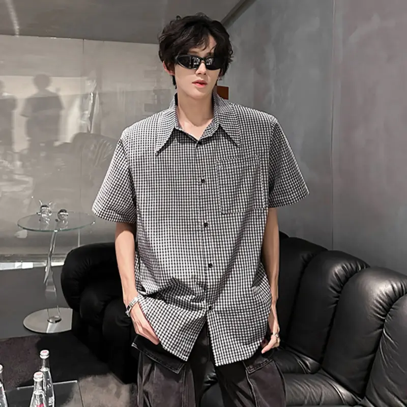 IEFB Niche Design Men's Shirts Lapel Short Sleeved Shoulder Pads Detachable Plaid Single Breasted Loose Male Clothing 9W3848