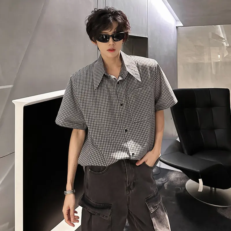IEFB Niche Design Men's Shirts Lapel Short Sleeved Shoulder Pads Detachable Plaid Single Breasted Loose Male Clothing 9W3848