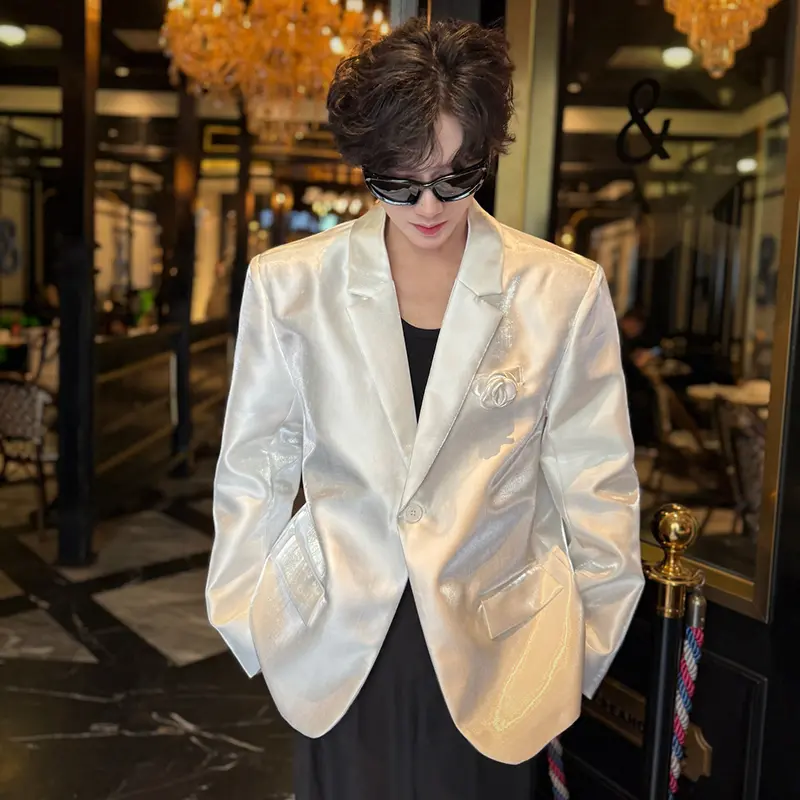 IEFB Three-dimensional Rose Design Men's Suit Jackets Solid Color Lapel Glossy Single Button Casual Male Blazers Fashion 9W2429