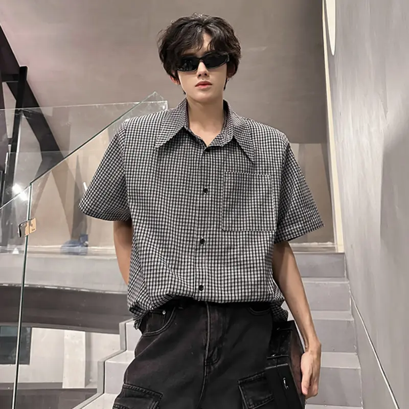 IEFB Niche Design Men's Shirts Lapel Short Sleeved Shoulder Pads Detachable Plaid Single Breasted Loose Male Clothing 9W3848