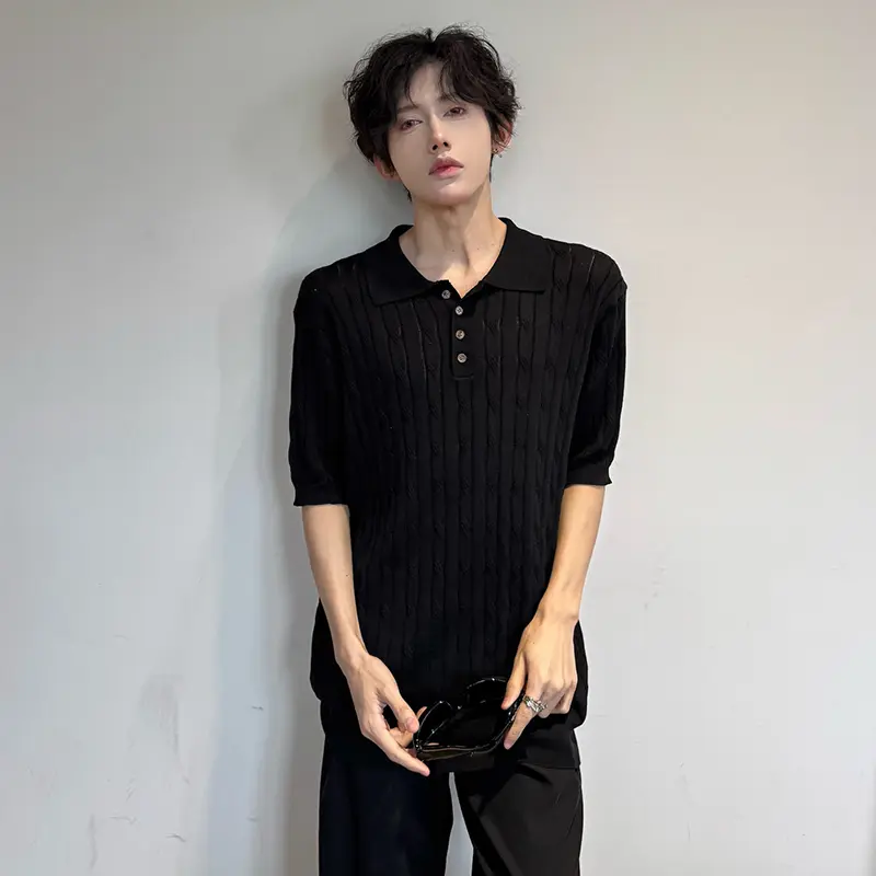 IEFB Men's Knitted Short Sleeve T-shirts Twisted Flower Solid Color Round Neck Solid Color Simple Male Summer Clothing 9W2177