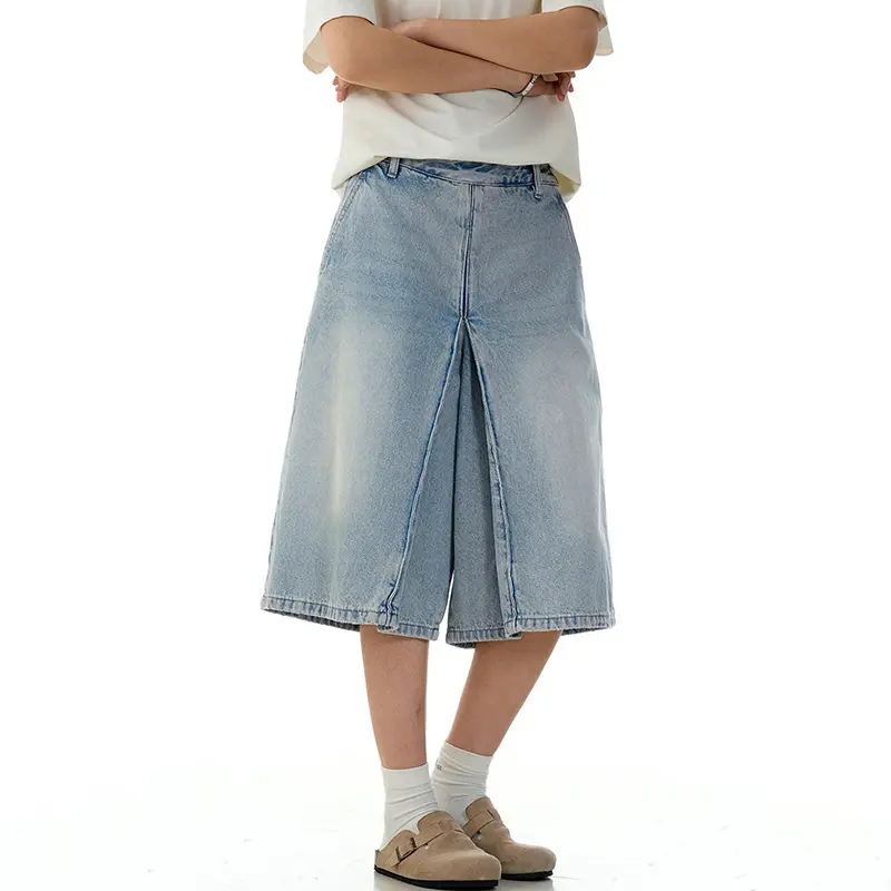 IEFB New Stylish Men Jorts American Style Loose Cropped Jeans Summer Breathable Straight Wide Leg Denim Shorts Baggy 9W3138