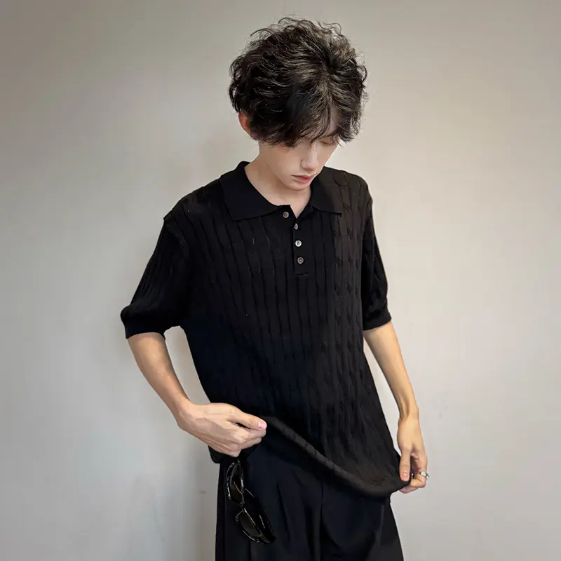IEFB Men's Knitted Short Sleeve T-shirts Twisted Flower Solid Color Round Neck Solid Color Simple Male Summer Clothing 9W2177